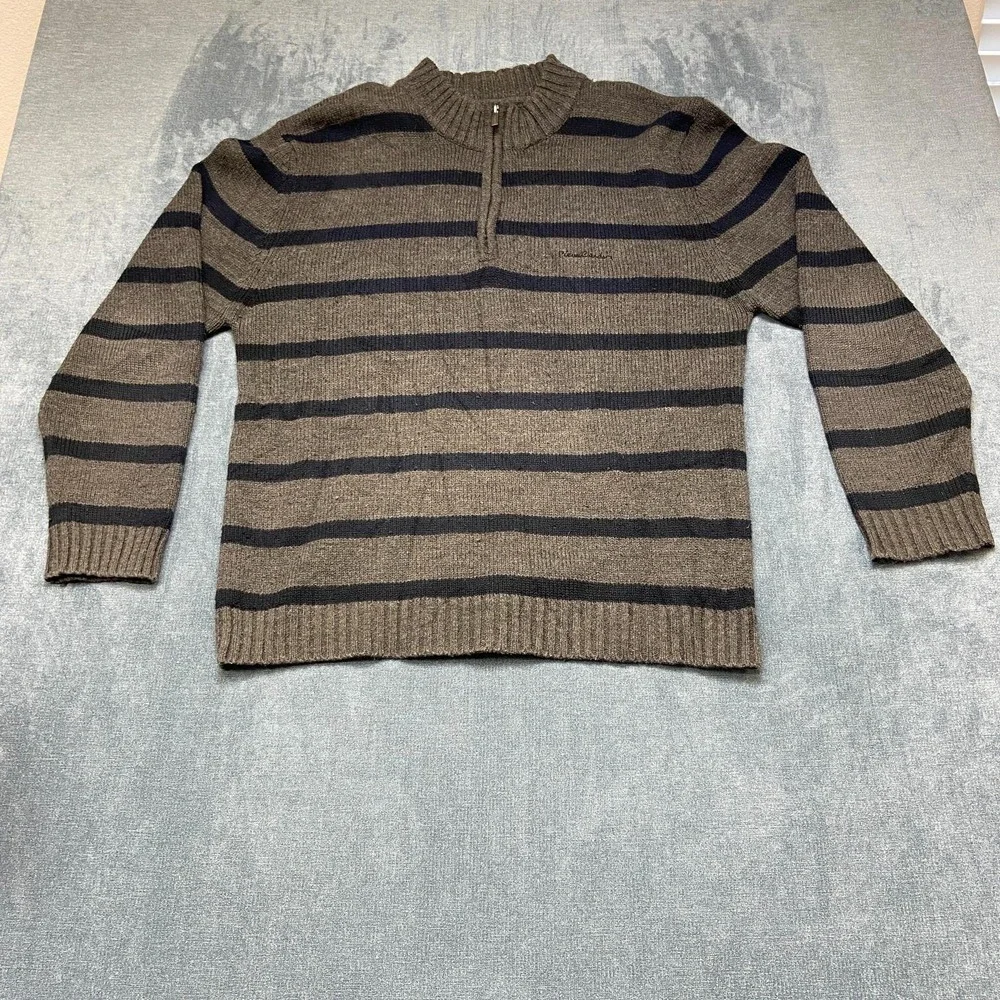 Pierre Cardin Sweater Mens XL Blue Gray Striped Acrylic Quarter Zip Tight Knit